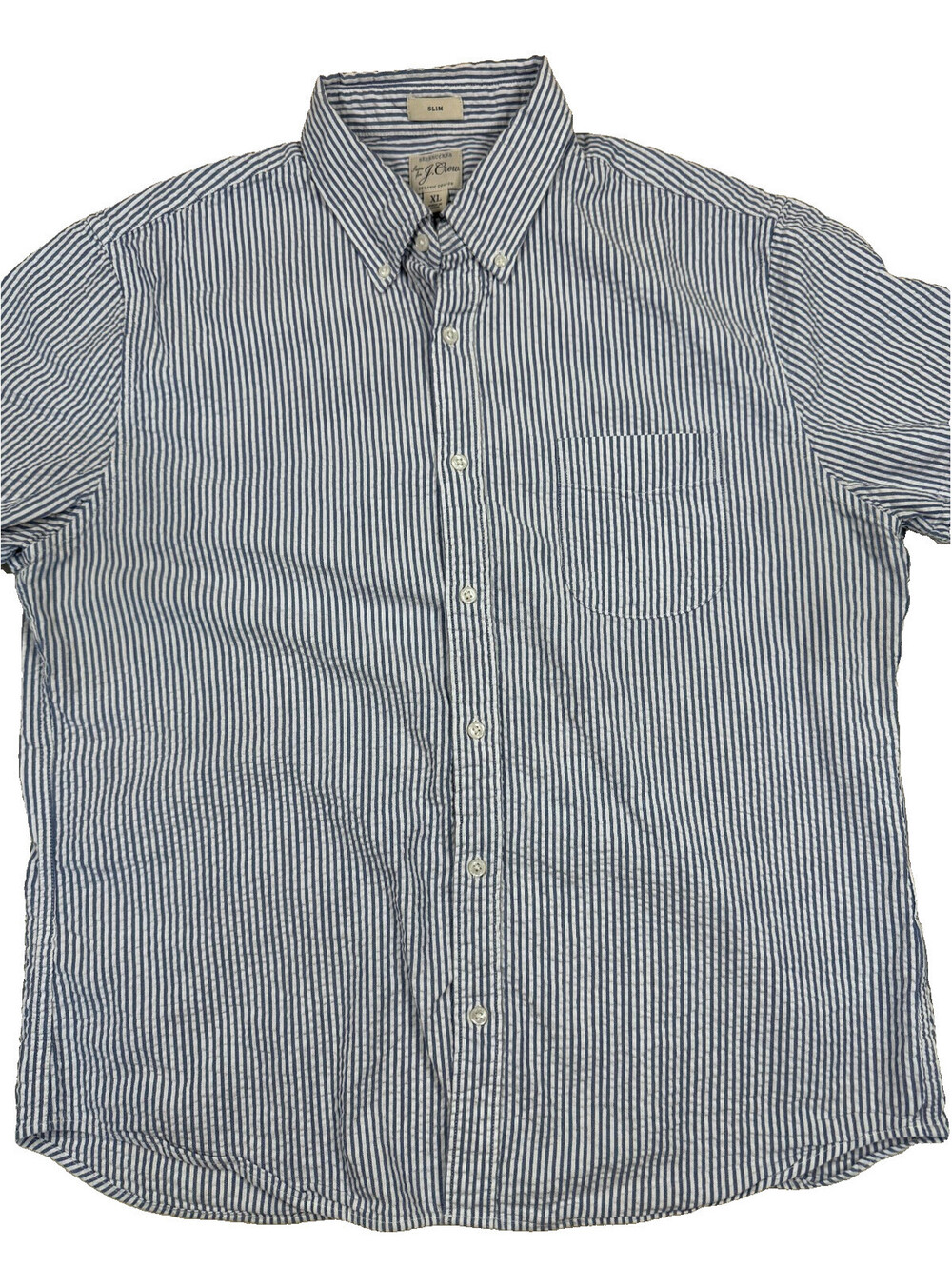 J. Crew Men's Short Sleeve Seersucker Shirt XL Light Blue Striped Slim Fit